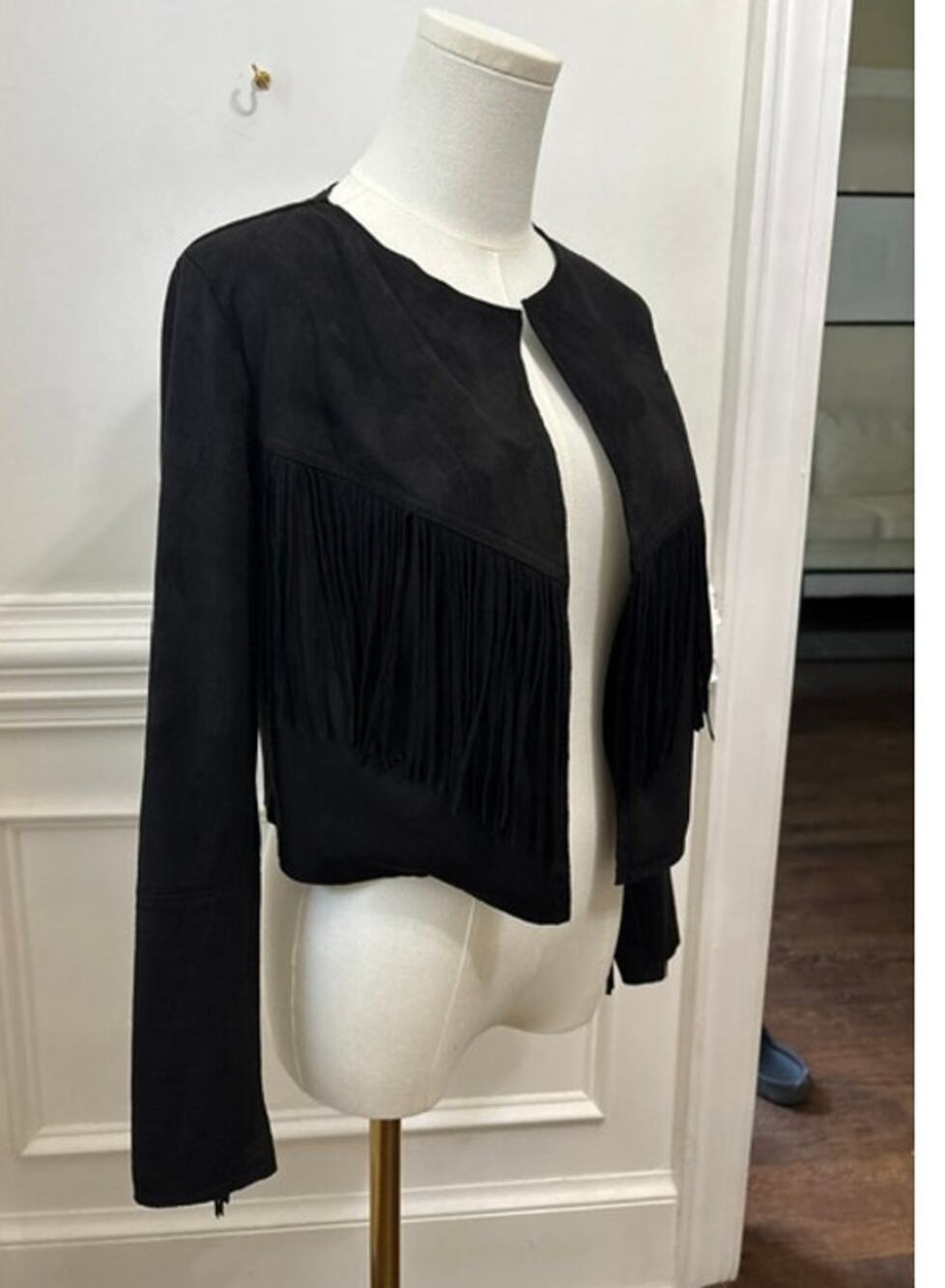 Suede Fringe Jacket Cropped Black Western Country Open Front Small